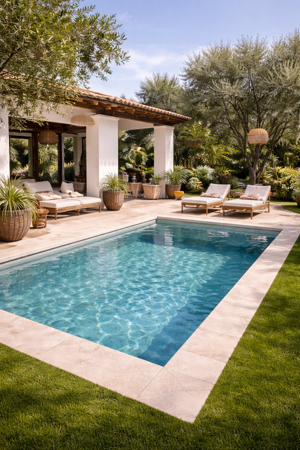 Piscina con solarium y zona de descanso