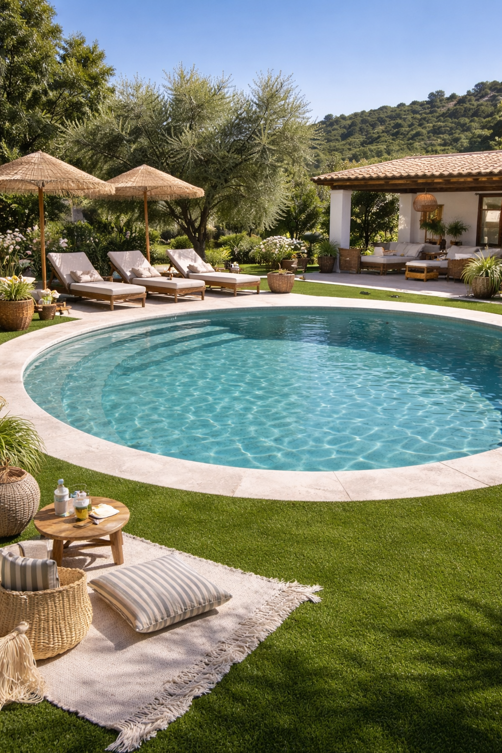 Piscina redonda con zona de solarium